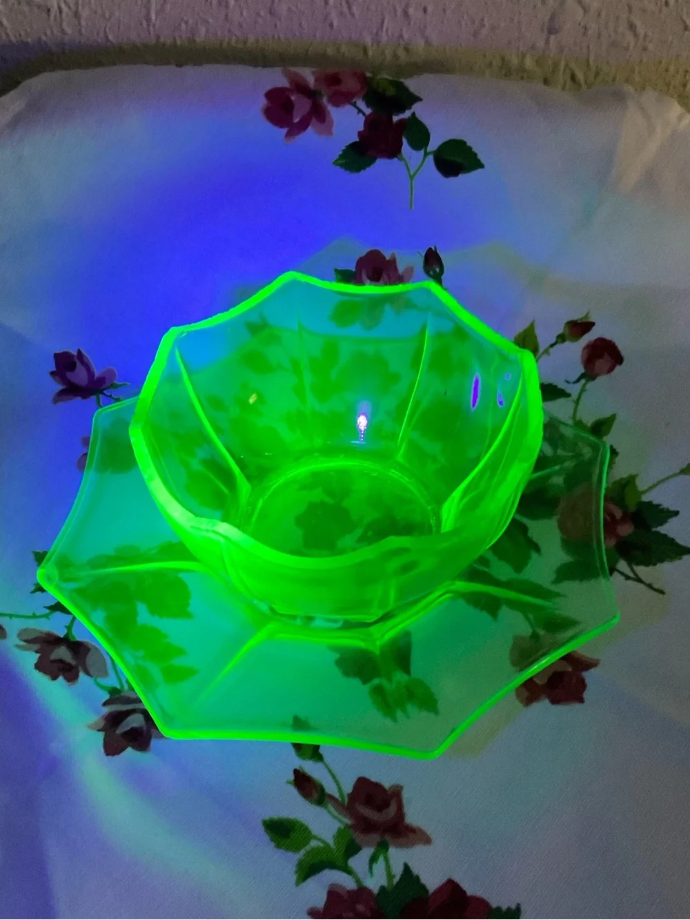 Vintage Uranium Vaseline Green Glass Bowl and saucer